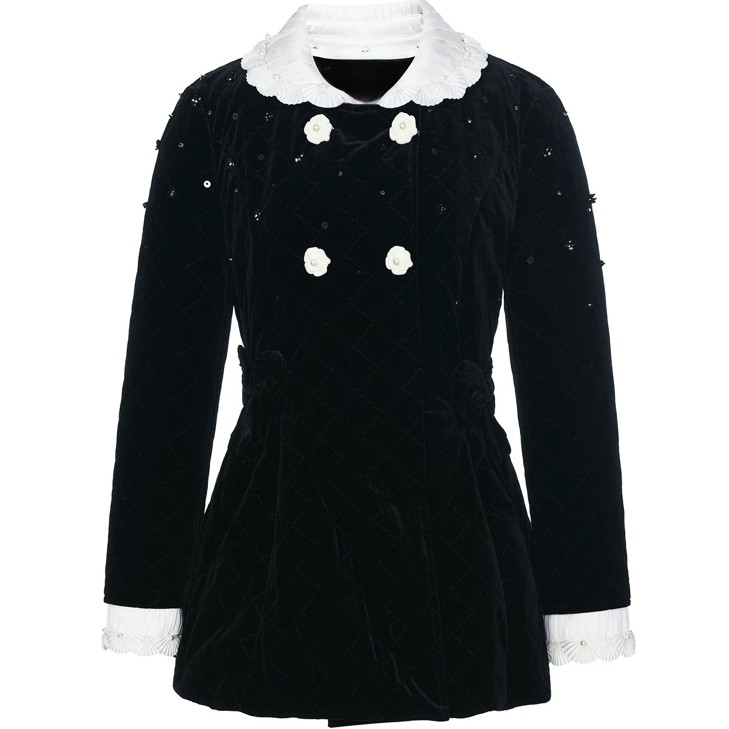 南油山茶花羽绒服娃娃领重工钉珠黑色丝绒羽绒服25秋冬