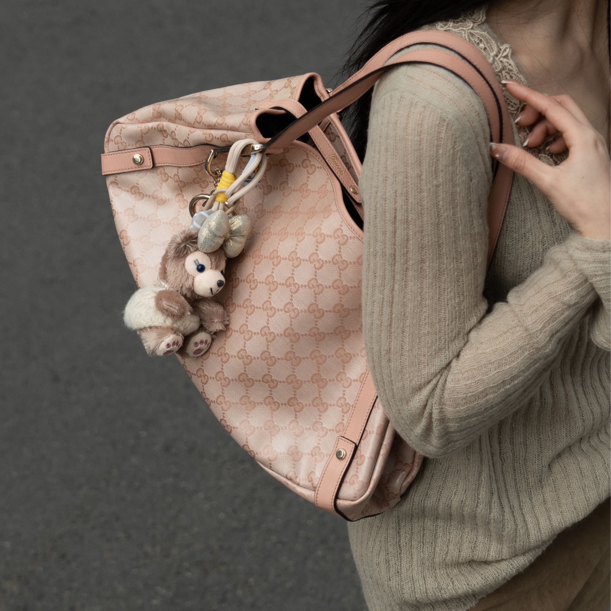 95新 GUCCI/古驰 古驰粉色老花托特单肩包