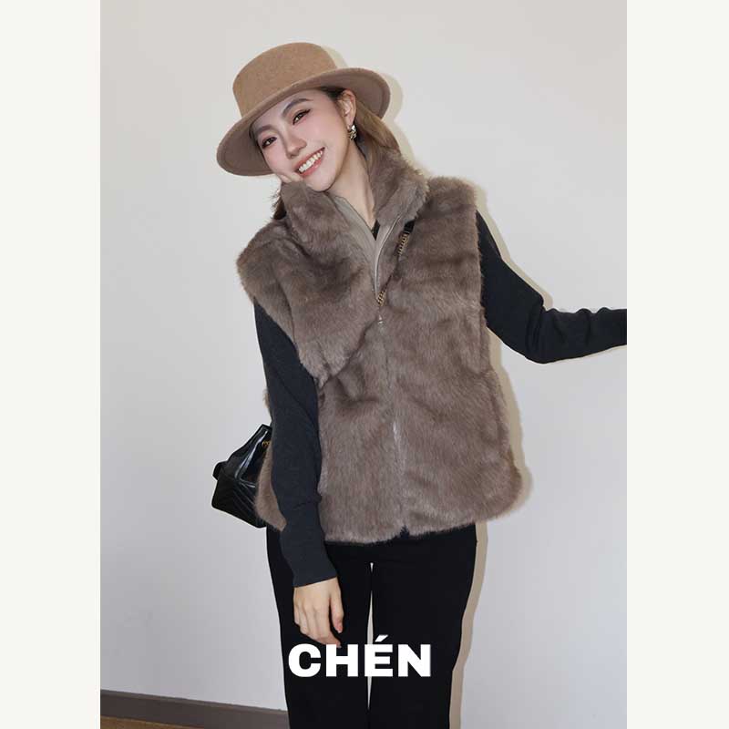 【狸猫马甲】晨总自制立领韩系休闲杏色毛毛pu通勤保暖百搭马甲女