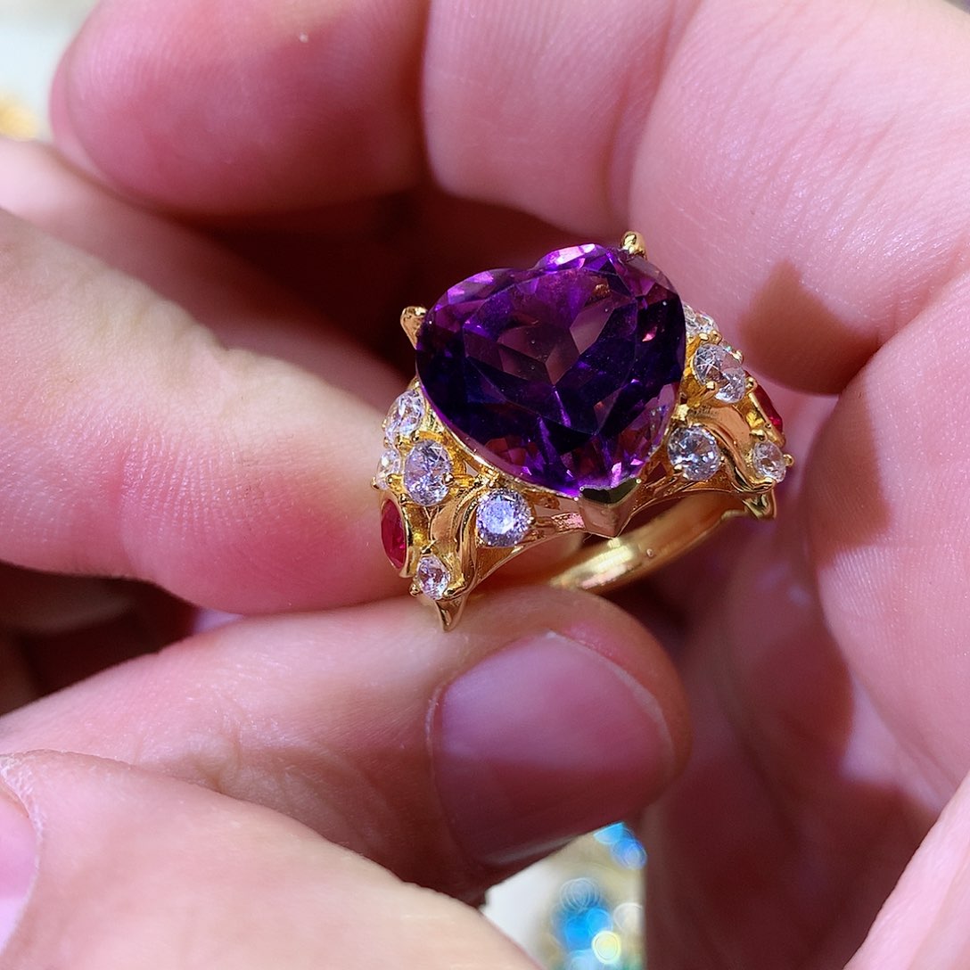 紫晶戒指银S925镀金镶嵌