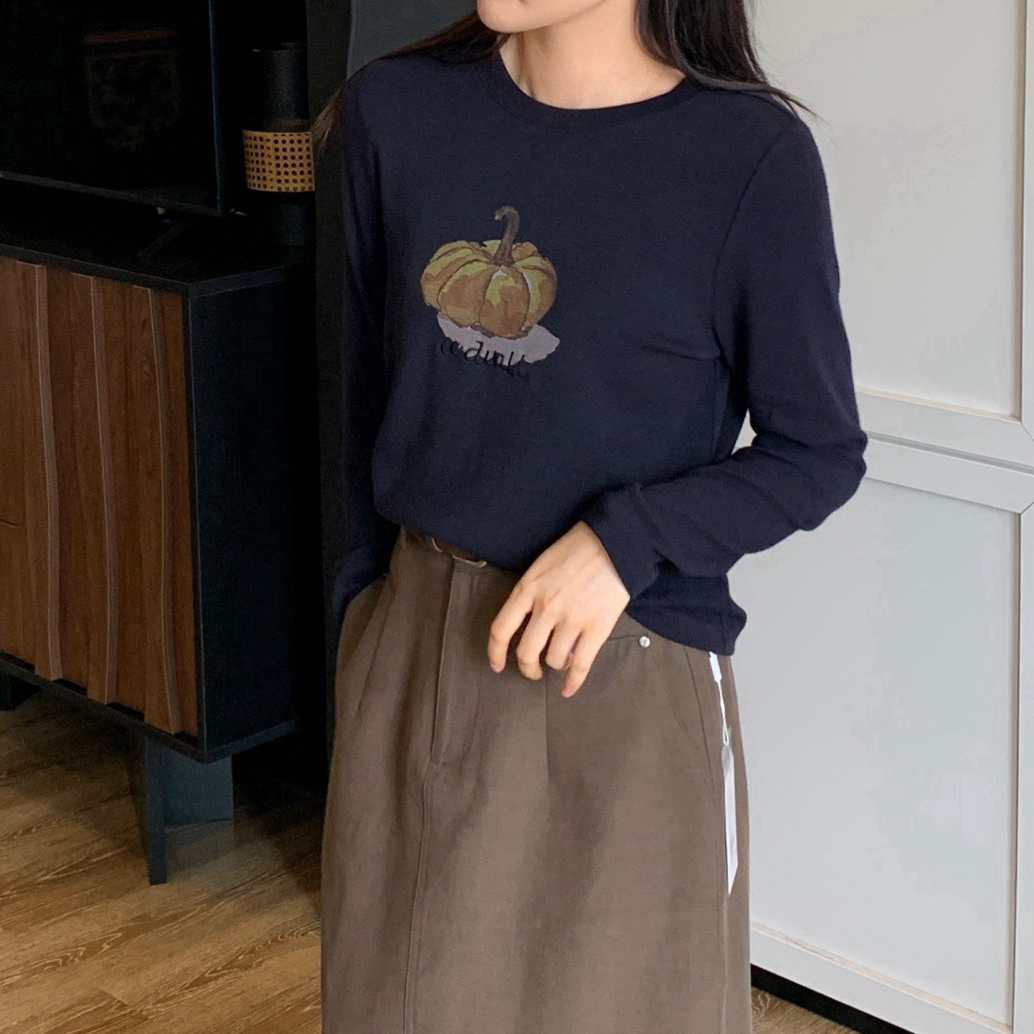 希茜9861 秋冬长袖时尚南瓜印花圆领修身T恤女休闲风打底衫