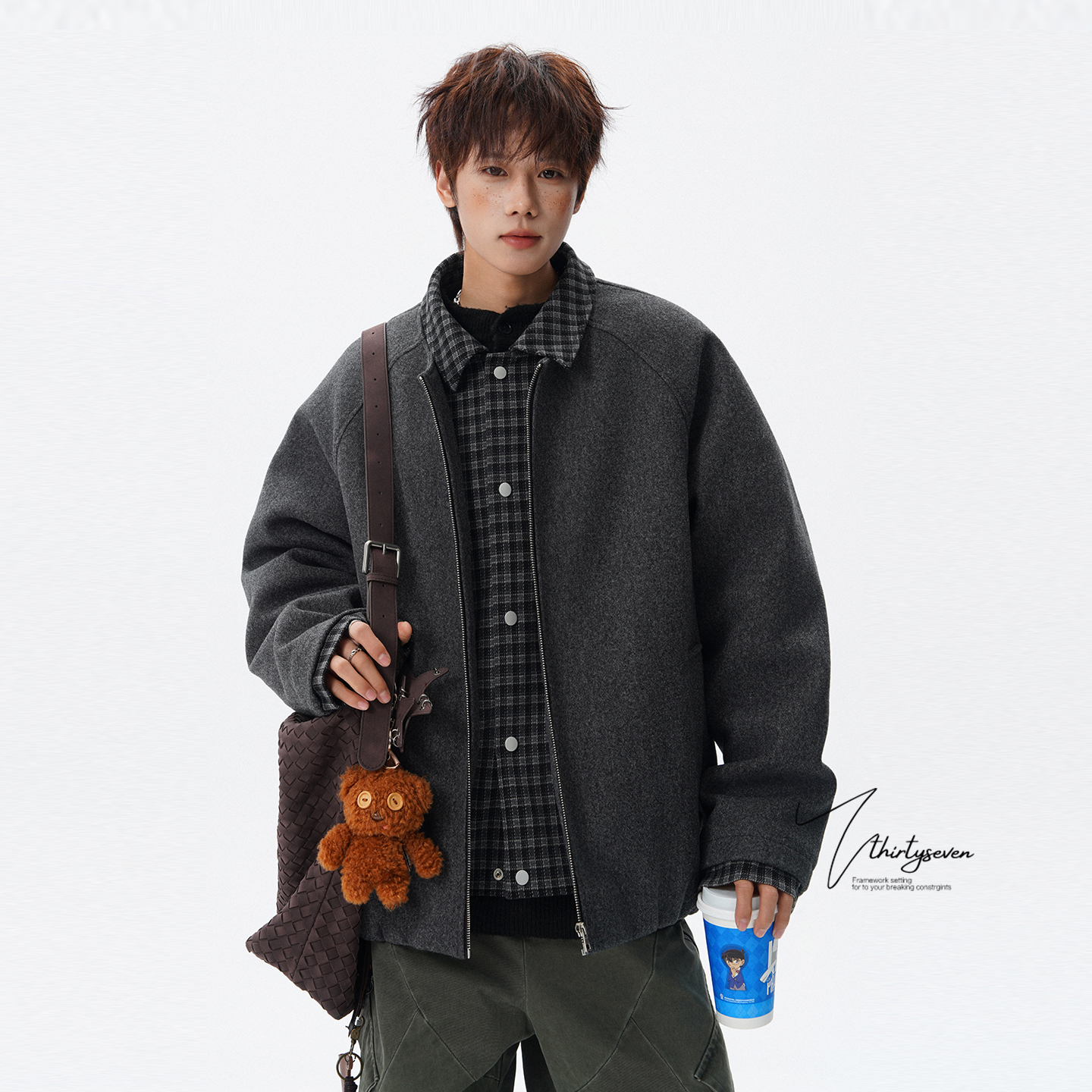 V37美式重磅加厚假两件毛呢外套男冬季潮牌复古格纹拼接翻领棉衣