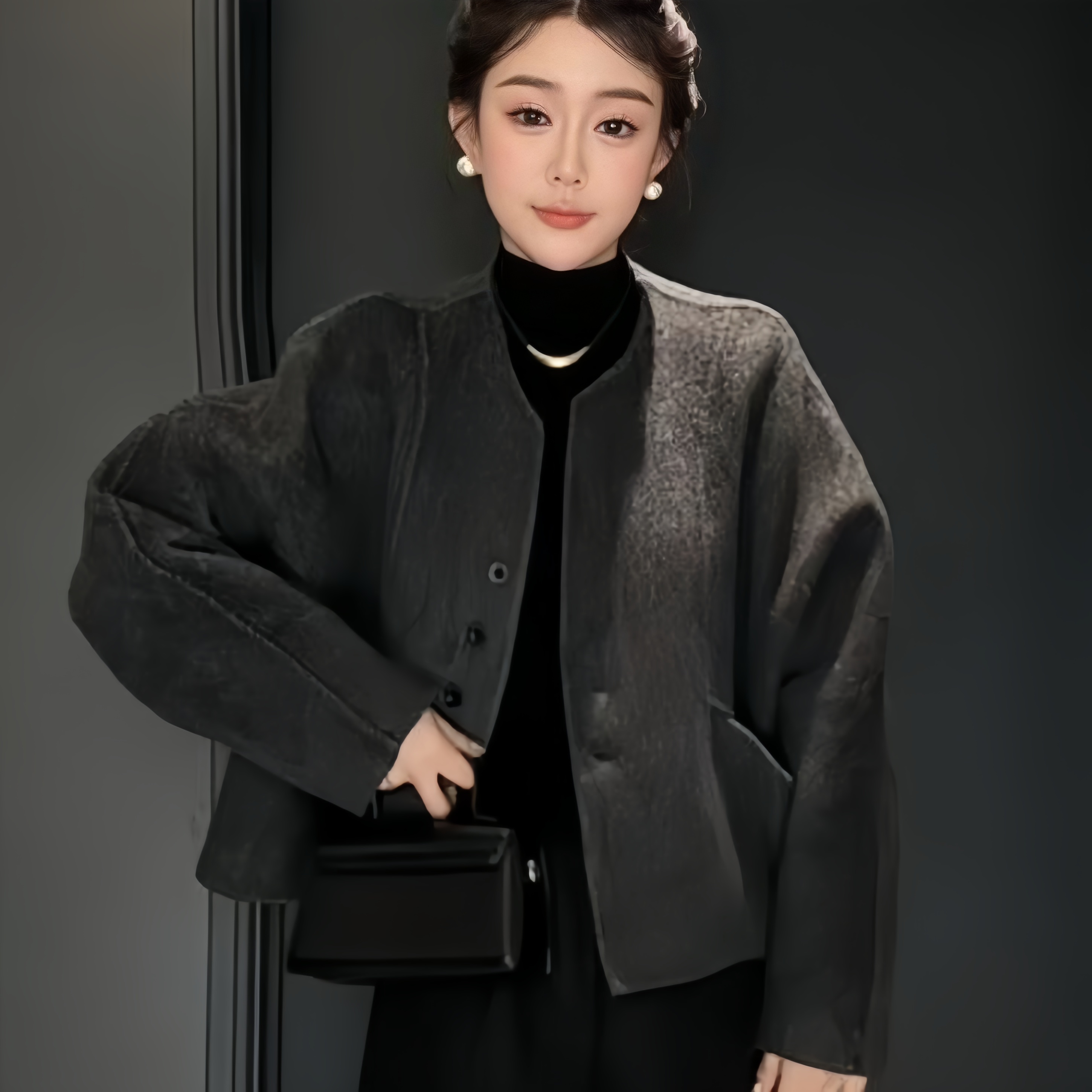 冬季新款气质百搭款时尚休闲圆领短款小香风羊毛外套2538