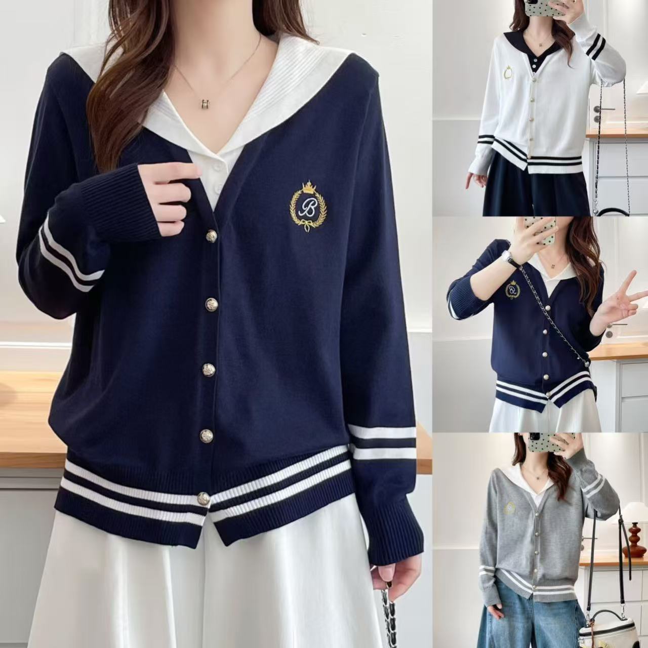 微胖大码女装秋季新款针织海军领学院风女毛针织衫撞色设计感毛衣