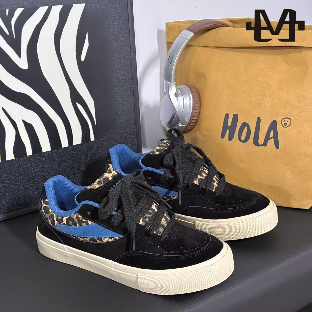 【原创设计】拼色男款豹纹新款秋季面包鞋板鞋男鞋小众厚底痞帅