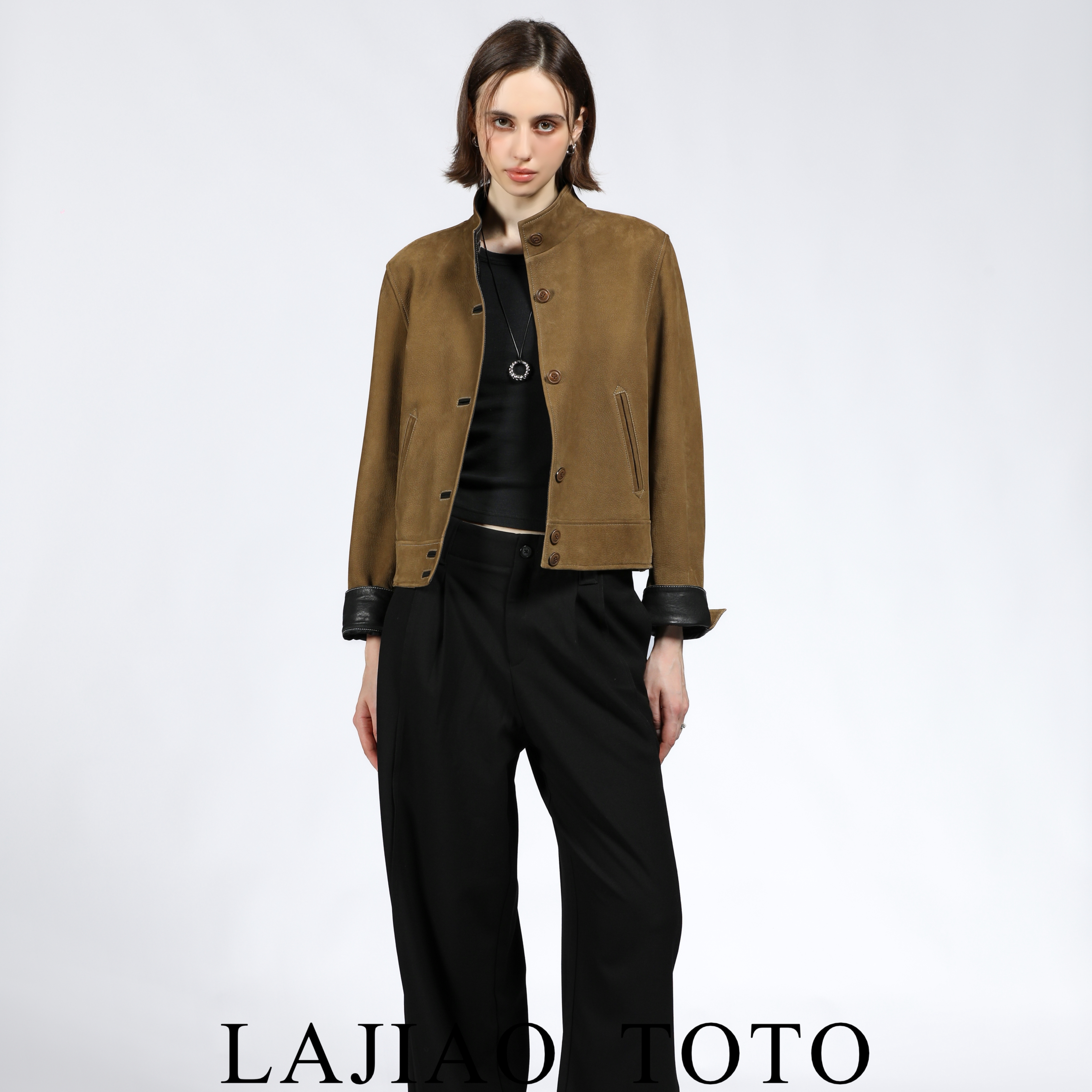 【艺洋穿搭】LAJIAO TOTO老钱风贵气反绒真皮时尚女皮衣外套#51092