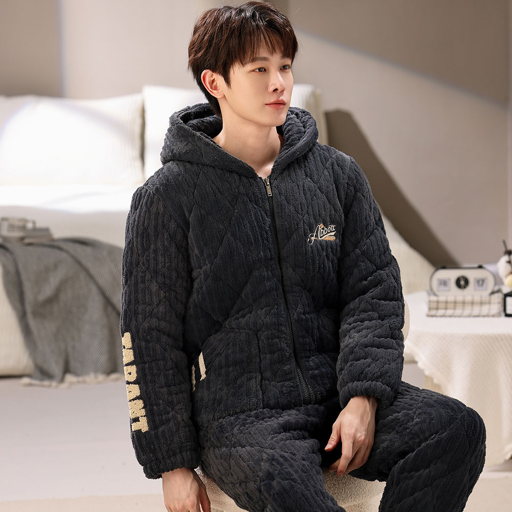 冬季男士三层夹棉连帽大码男士睡衣加绒加厚保暖家居服高定版套装