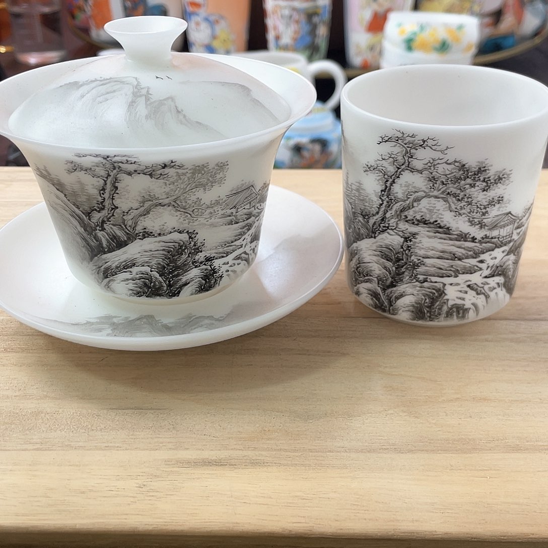 冰种素烧手绘大盖碗