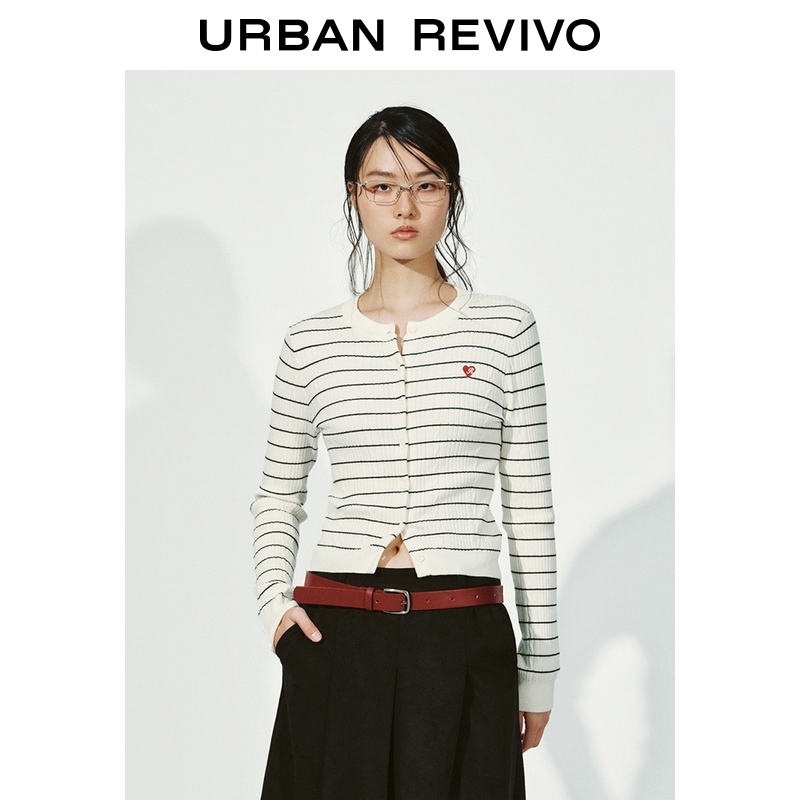 UR2025冬季新款女装休闲撞色条纹刺绣短款针织开衫UYY950164
