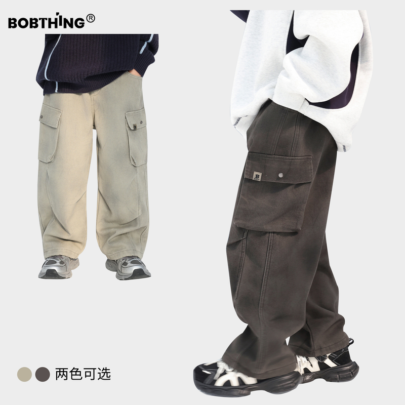 儿童侧拼口袋一体绒工装裤直筒长裤男童冬季加厚布裤童装休闲裤子