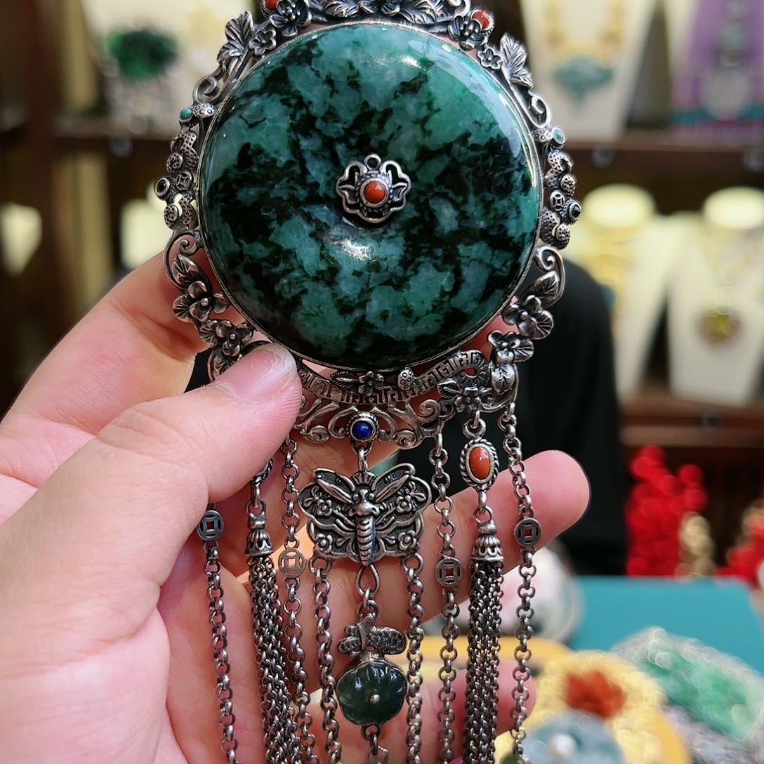 翡翠耳饰银S925镶嵌古风