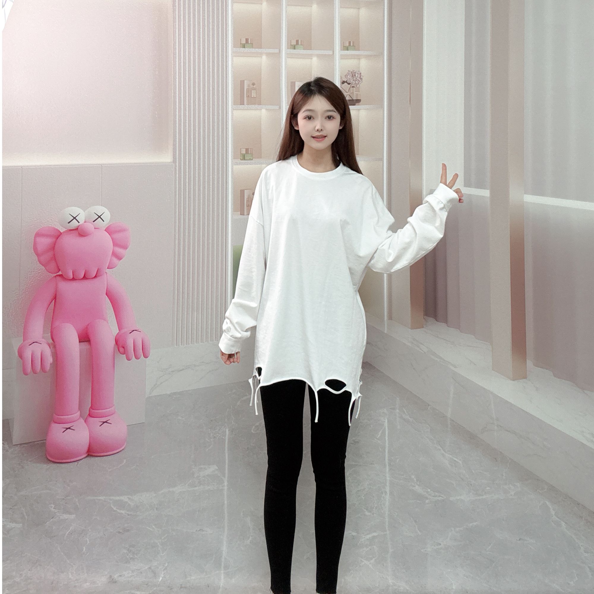 常规款女Oversize风破洞长袖T恤百搭简约韩版4254312555