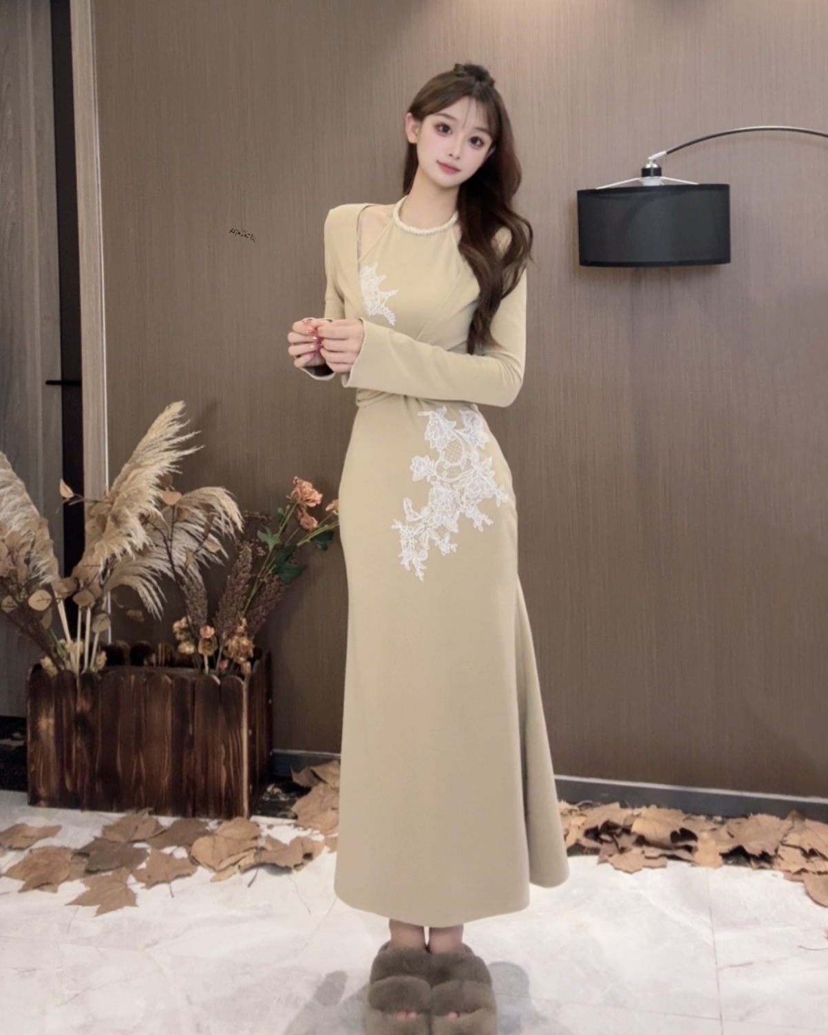 秋冬加绒假两件优雅长袖连衣裙鱼尾长裙