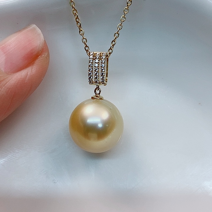 海水珍珠吊坠(不含链)18K金镶嵌南洋金珠吊坠13-14mm