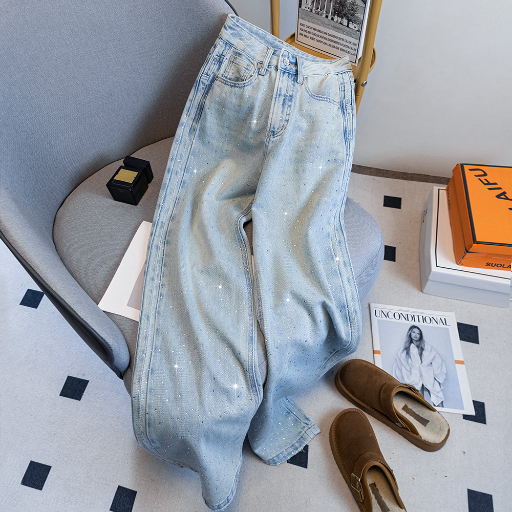 046烫钻浅色直筒牛仔裤女春秋2025年新款高腰宽松显瘦阔腿长裤子