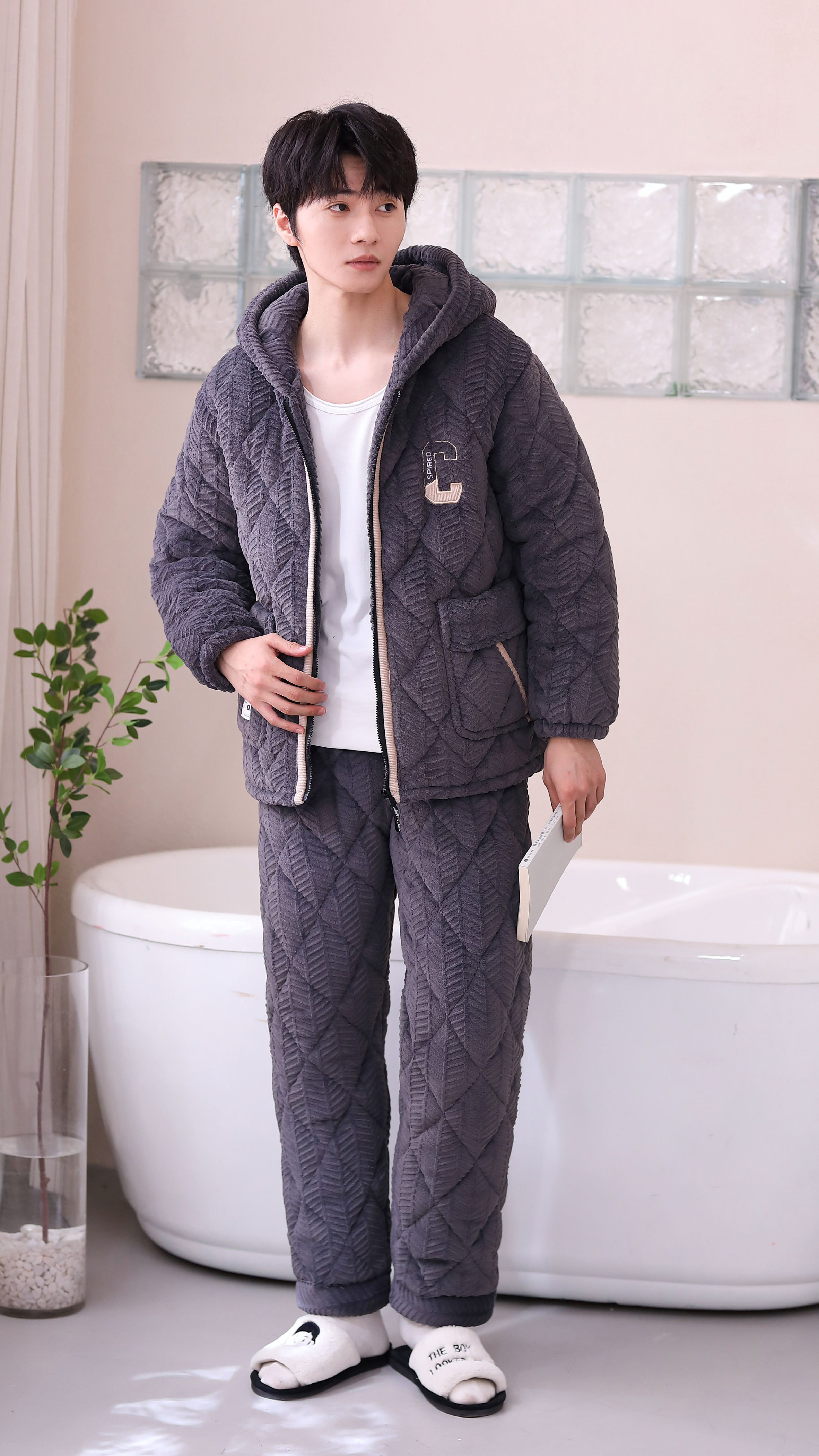 【0279大C】冬季男士睡衣套装加绒外穿保暖家居服三层夹棉时尚休闲