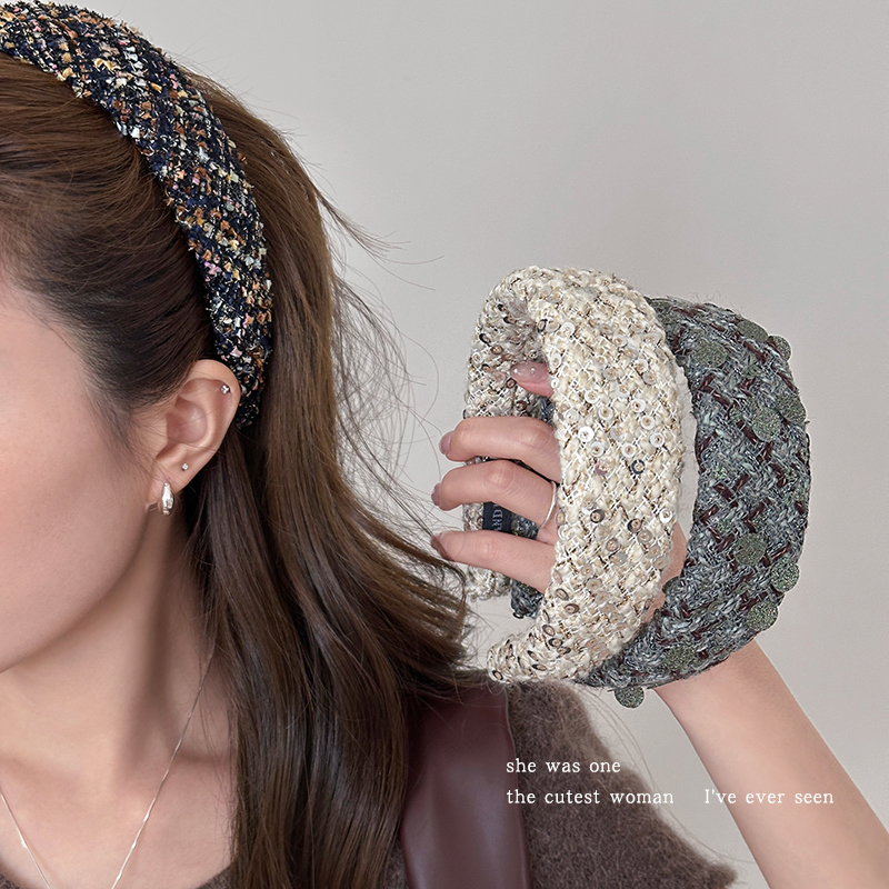 优雅小香风宽边发箍高品质秋冬发捆高颅顶发卡编织格纹头箍头饰