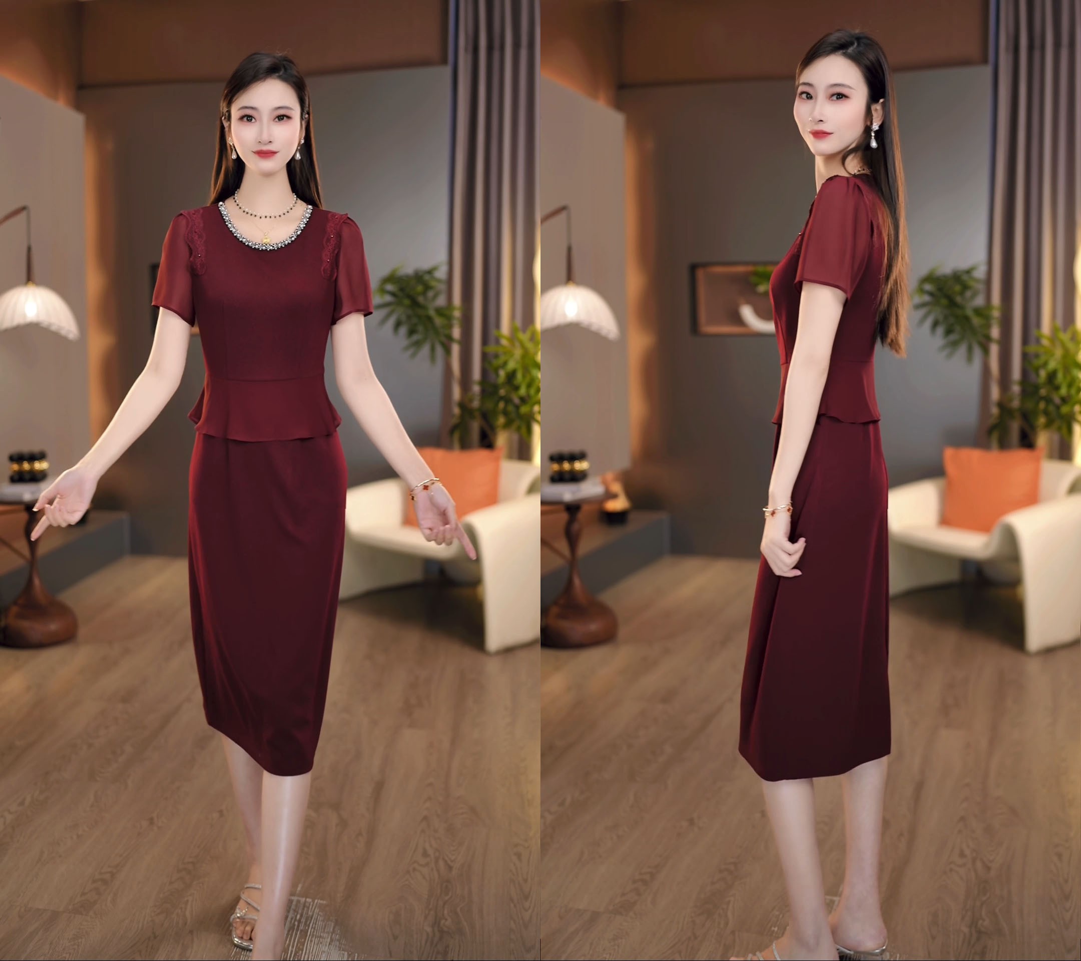2025夏季新款红色圆领串珠小腰翘气质大气典雅假两件连衣裙M-4XL
