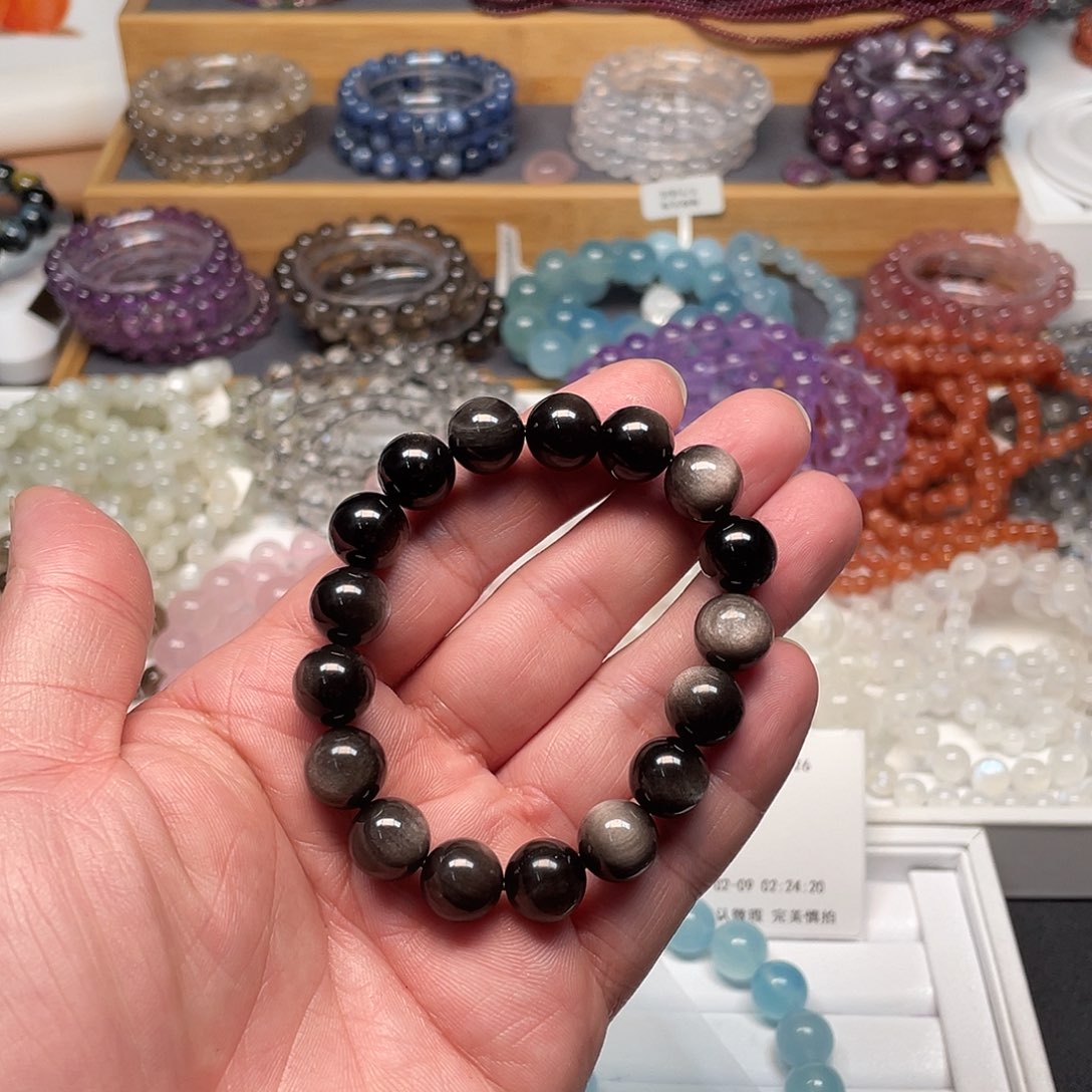 烟晶手链银S925镶嵌小*朵银耀石12