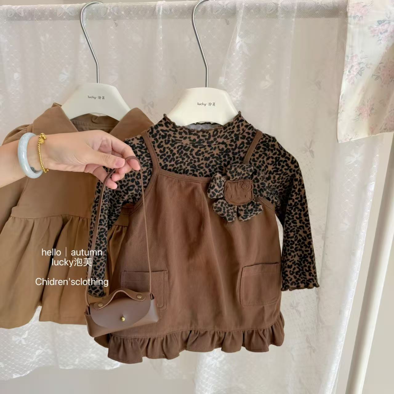 【实体现现】时髦精！女童豹纹连衣裙秋季新品洋气女宝宝套装裙子