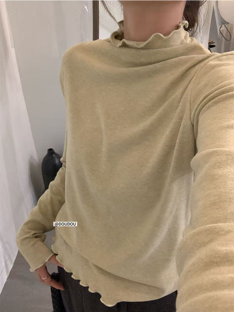 【豆豆】韩国东大门甜美木耳边半高领百搭弹力打底长袖T恤