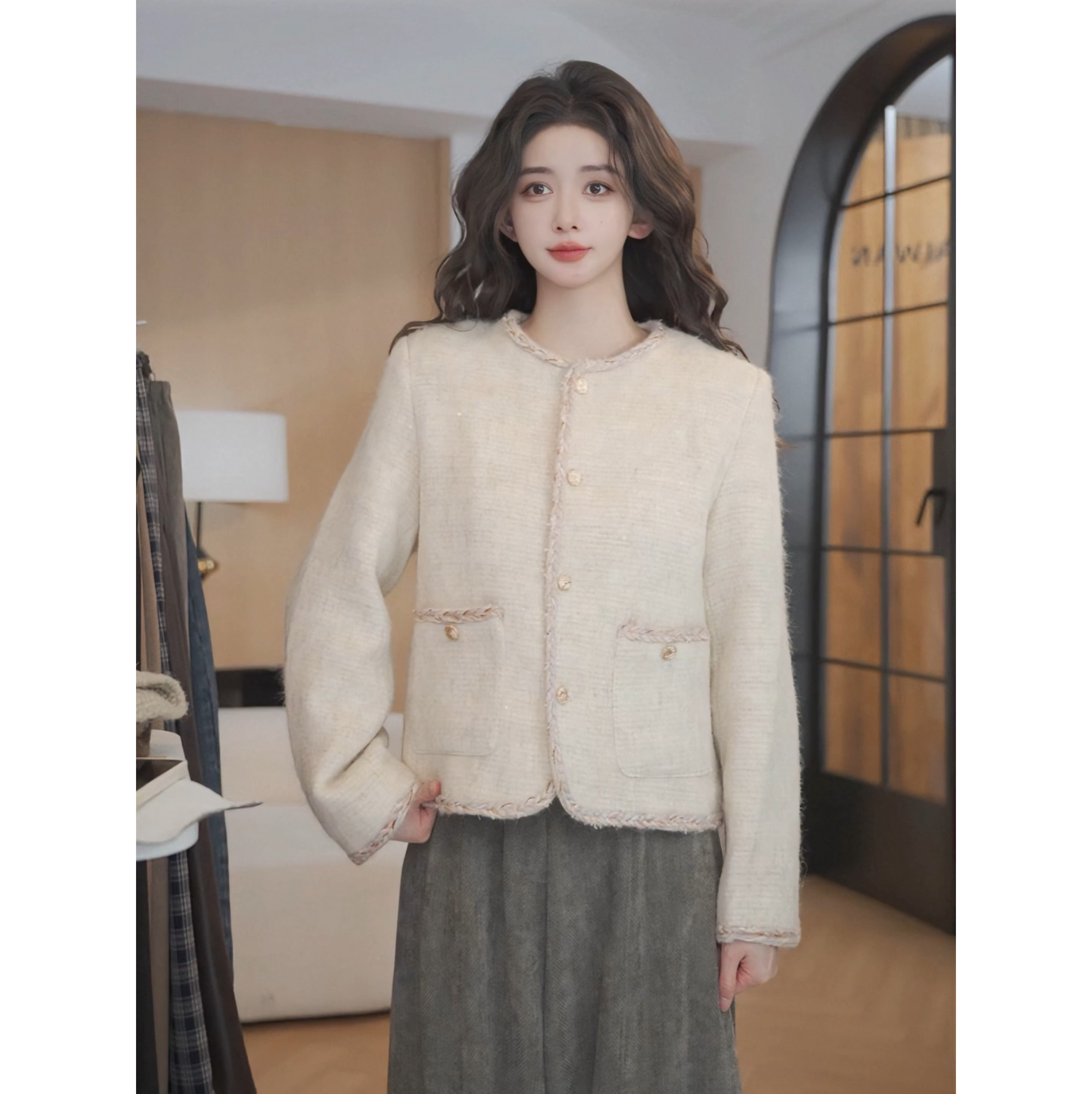 余紫绮【羊毛小香】女秋冬气质羊毛小香外套 YB8286030