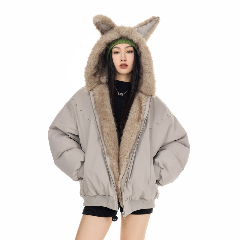 ICH MODE 美式耳朵座山雕毛领棉服女秋冬季新款宽松夹棉外套棉衣