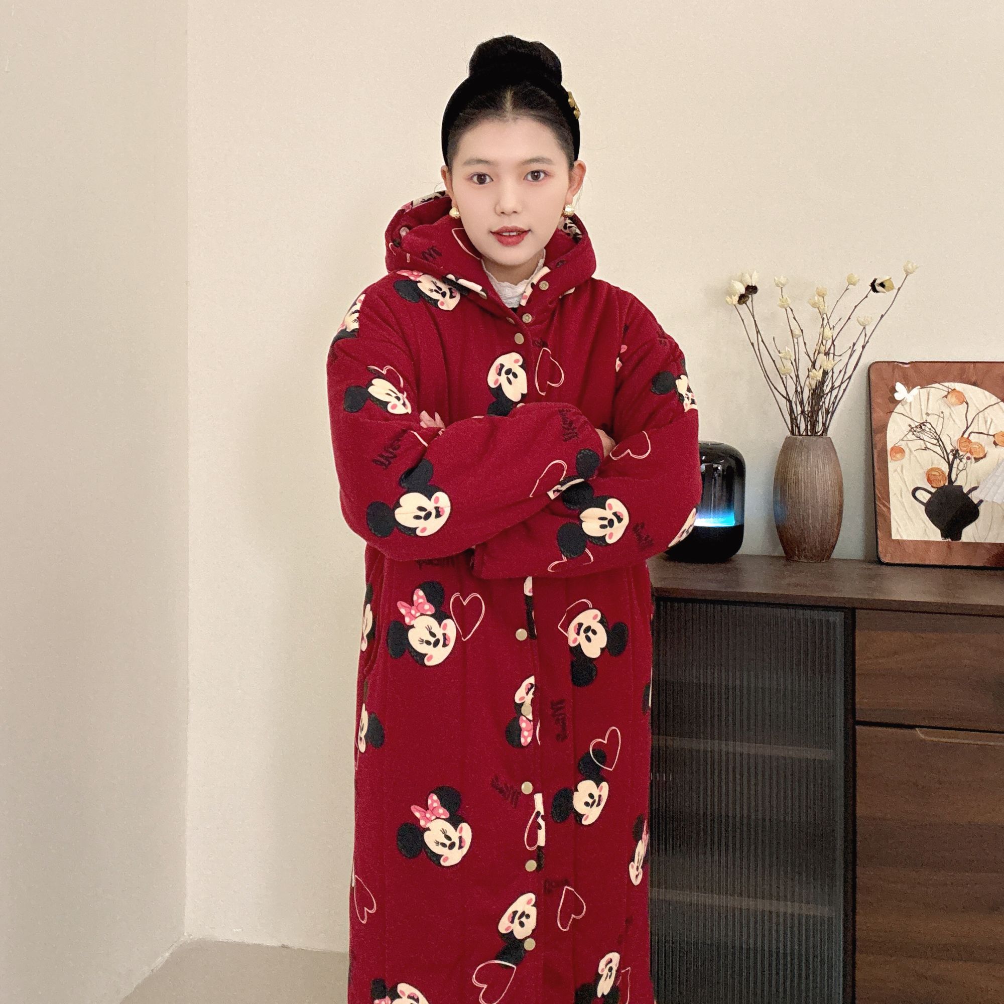 【酒红米妮】300g新疆棉连帽直筒宽松时尚家居服加厚冬季棉衣女省服