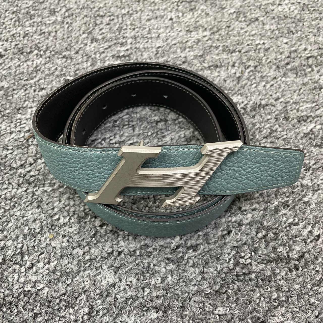 95新 Hermes/爱马仕 90码/3cm/H银色扣头蓝色皮带/00163