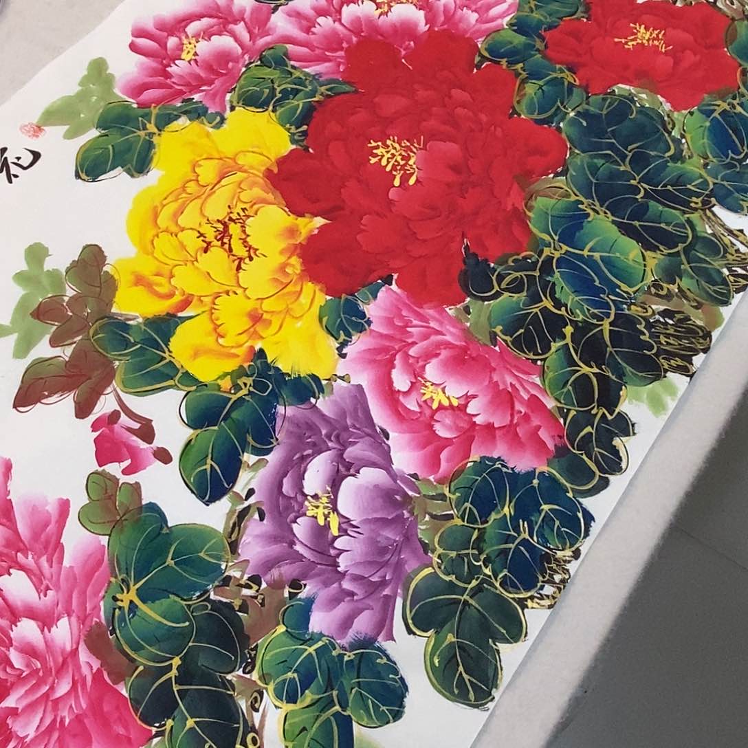 国画收藏金线牡丹手绘