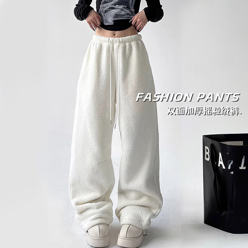 双面加绒加厚摇粒绒阔腿裤女慵懒风冬季高腰宽松保暖百搭休闲长裤