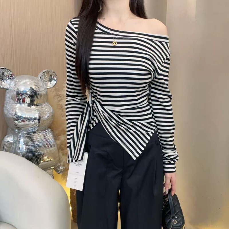 芙慕2025早秋新款韩系下摆不规则开叉收腰设计感百搭显瘦斜肩上衣