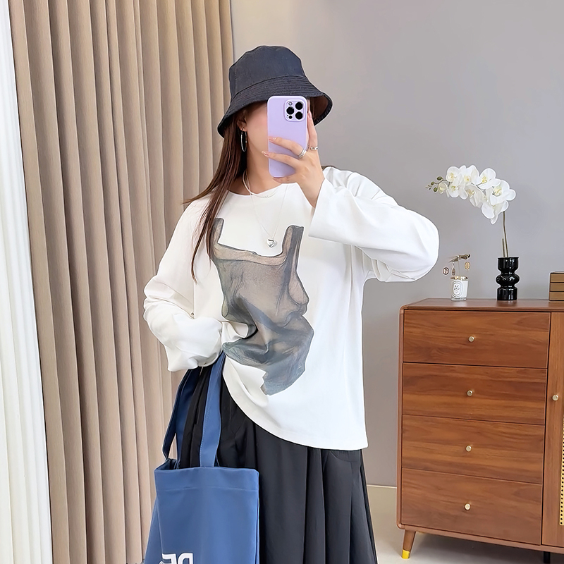 【霏霏专属】秋季新款气质时尚百搭长袖休闲美式复古圆领T恤-W-236