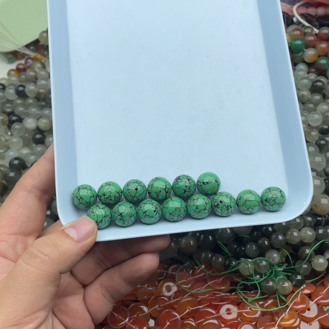 玛瑙/玉髓珠宝半成品未镶嵌4个装14mm绿松带铁线圆珠