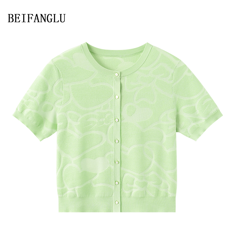 北方鹿【母亲节专属】气质小香风爱心猫咪提花薄针织短袖开衫31052