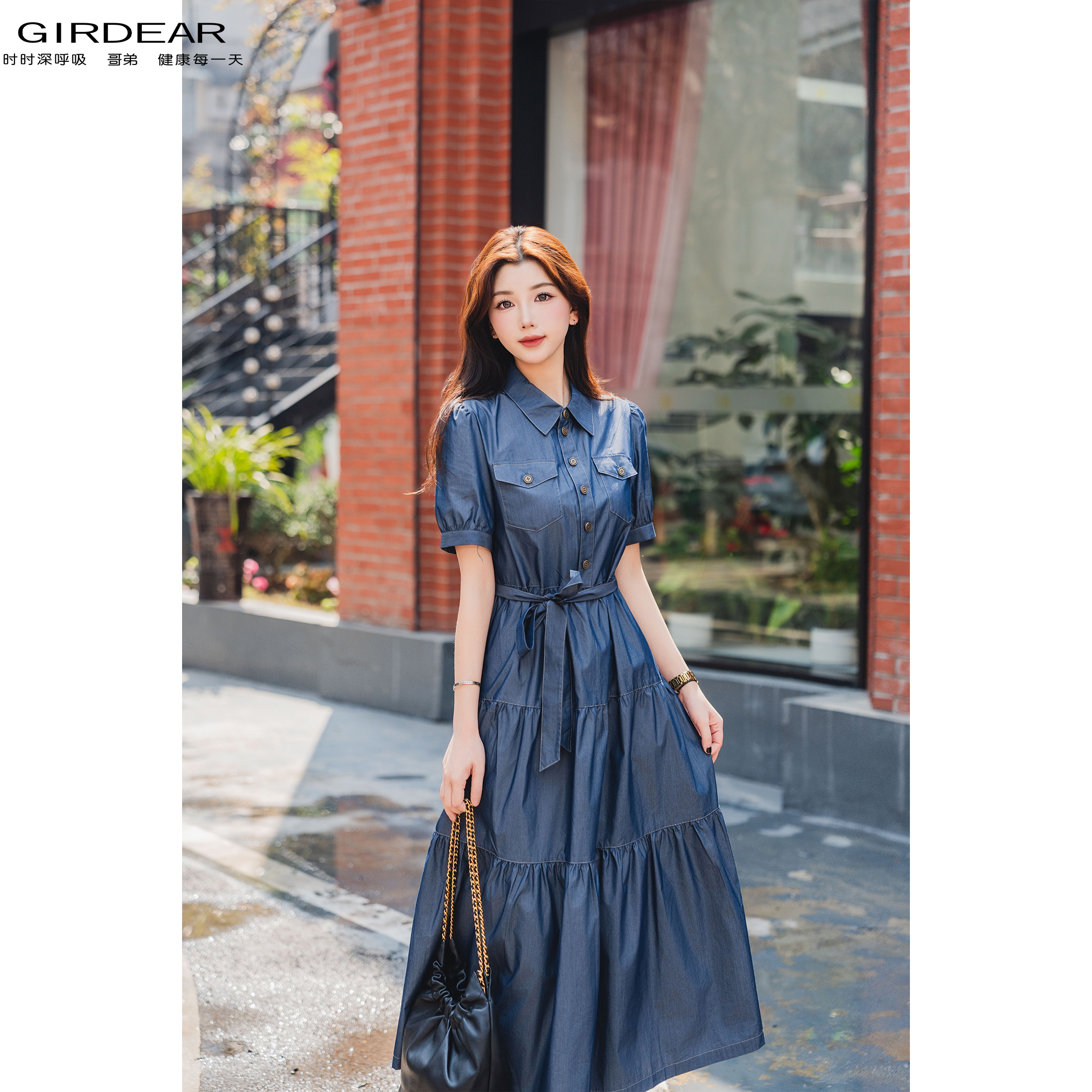 GIRDEAR/哥弟春夏新款复古小众收腰短袖翻领连衣裙-附腰带 150001
