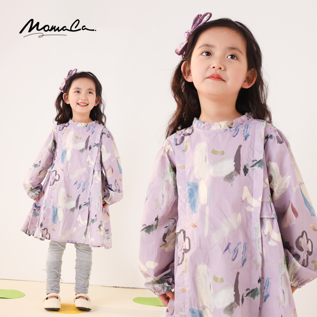 MOMOCO2025款春季女童欧若风满印图案棉布连衣裙77580471002