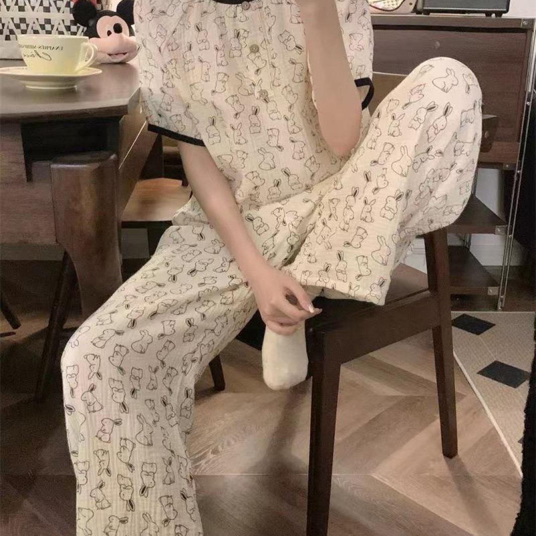 【短袖长裤三件套】100棉A类吸汗女家居服套装双层婴儿棉纱透气