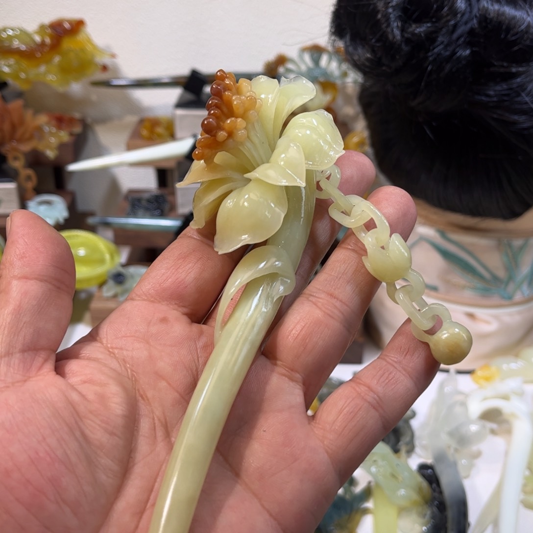 蛇纹石玉发簪合金海*青