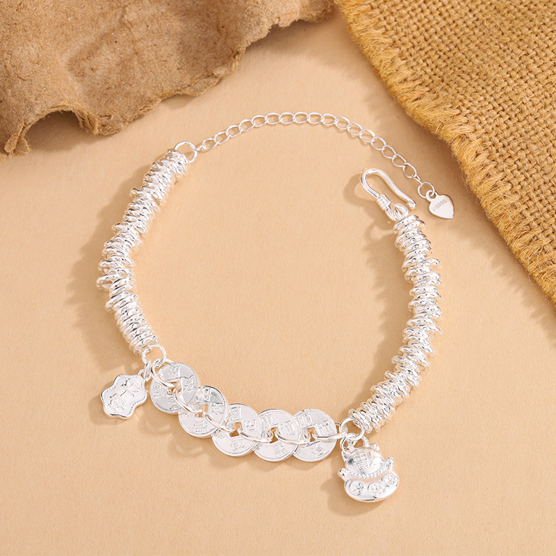 足银手链 可爱（招财猫）平安牌 盘缠五帝钱手链