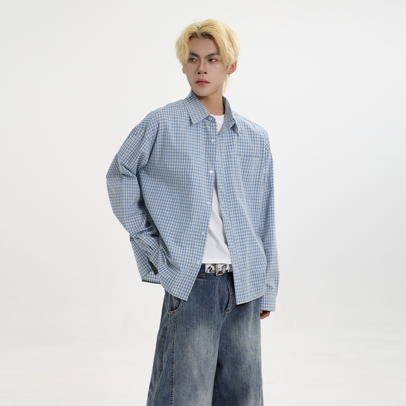 CDDR简约基础款高智感经典蓝色格纹衬衫miu系格子长袖衬衣外套潮