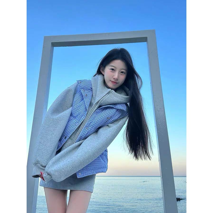 女装格纹刺绣格子棉服马甲保暖无袖背心外套女