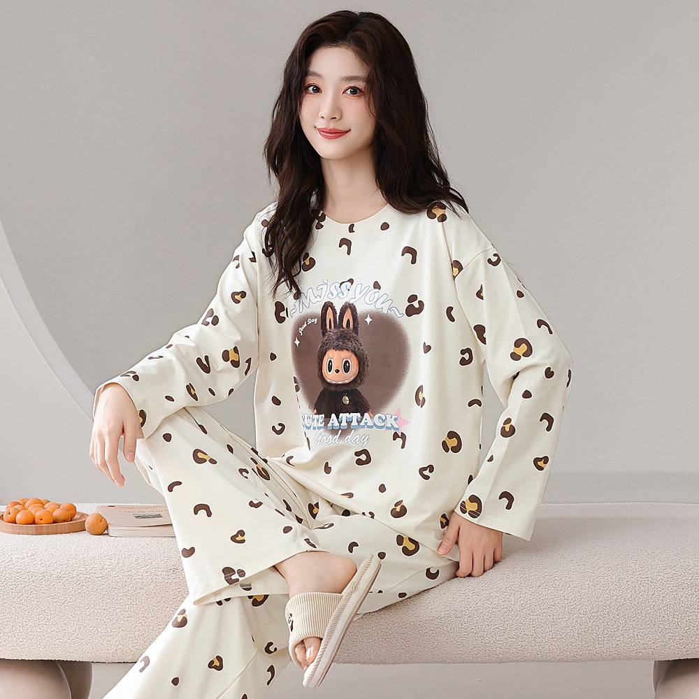 （带胸垫）新款女士圆领睡衣长袖长裤卡通玩偶睡衣家居服套装可外穿