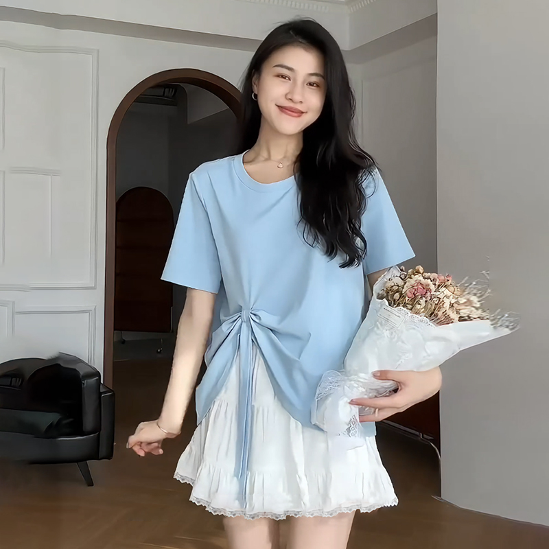 【8581】大码女装胖mm不规则宽松显瘦短袖T恤夏季系带百搭上衣