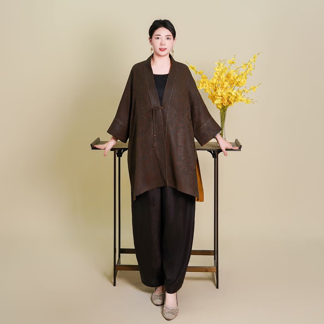 【云襄】2025新款新中式香云纱重磅柞蚕丝双面双穿大码茶服