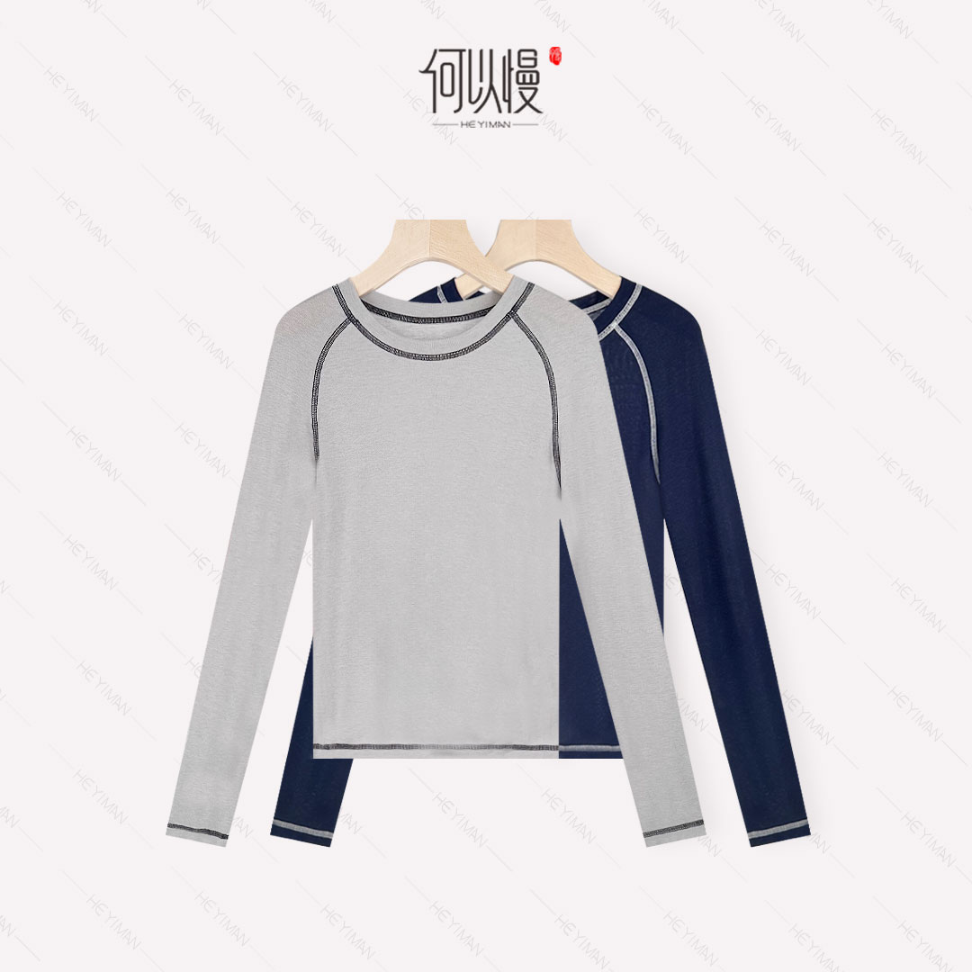 【何以慢】莱赛尔绵羊毛混纺秋季明线插肩设计感圆领T恤A0-A5452