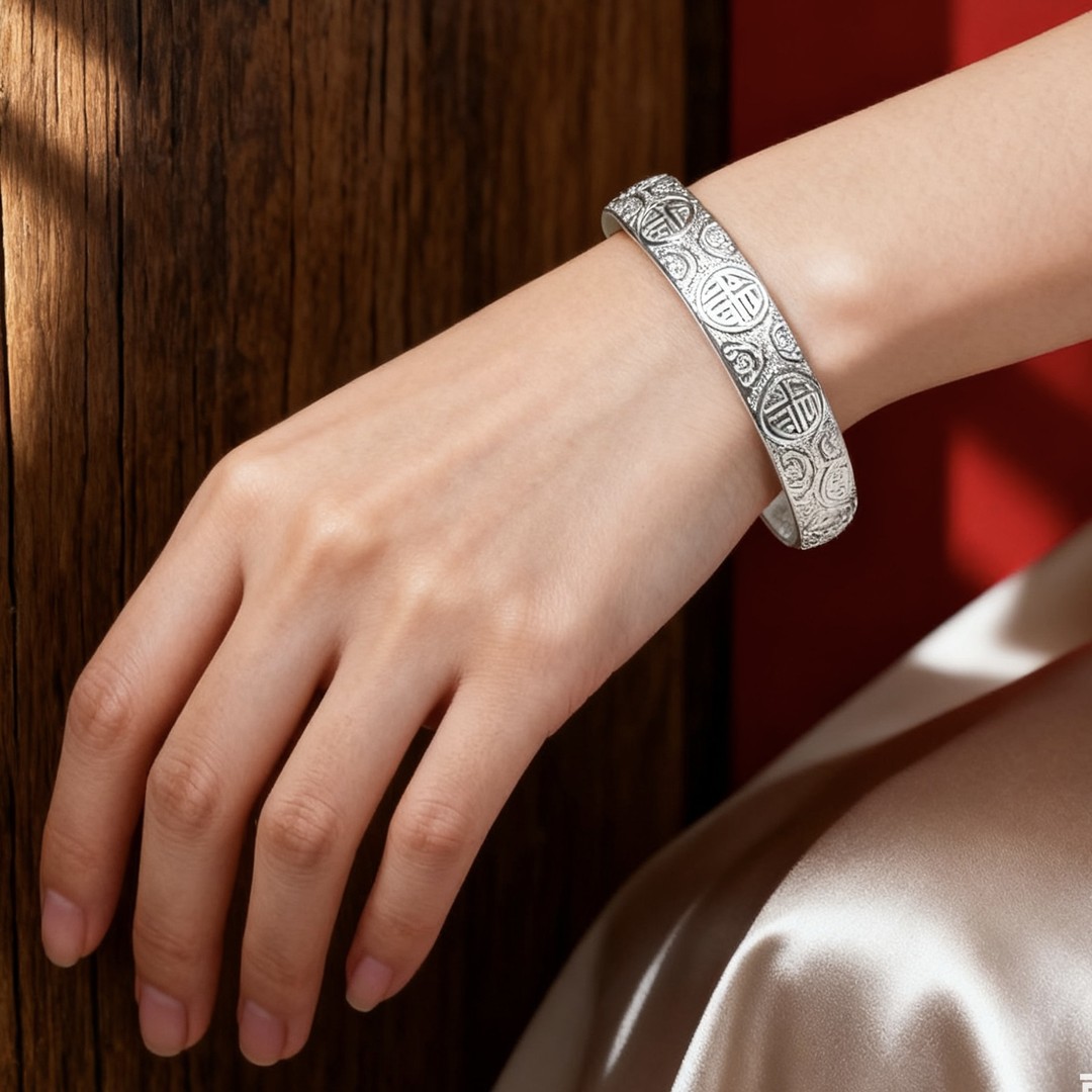 足银手镯 A20足银999.9百福心经开口实心手镯送妈妈送父母