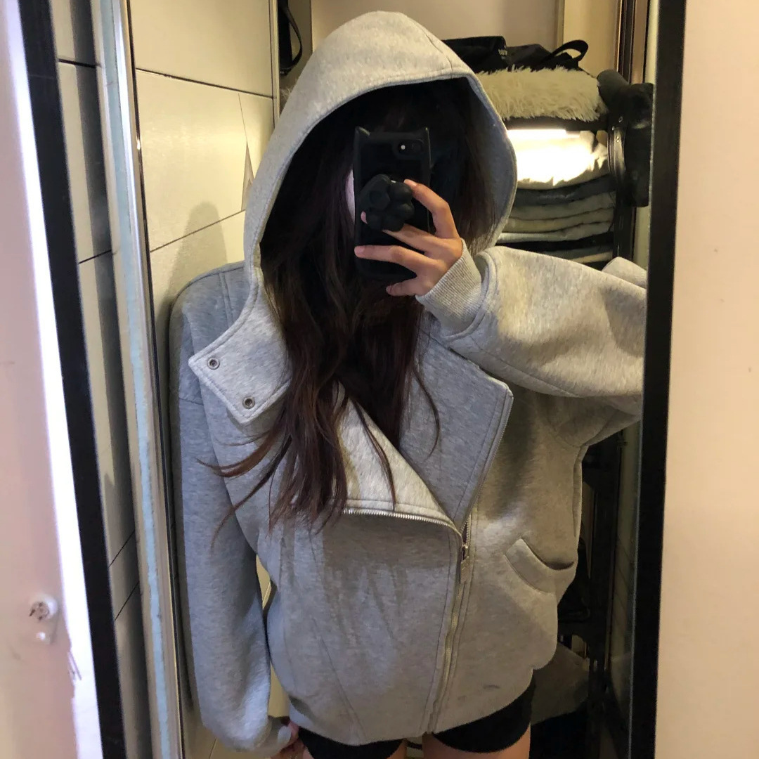 机车服卫衣外套灰色连帽卫衣韩系bm春日少女穿搭美式开衫上衣