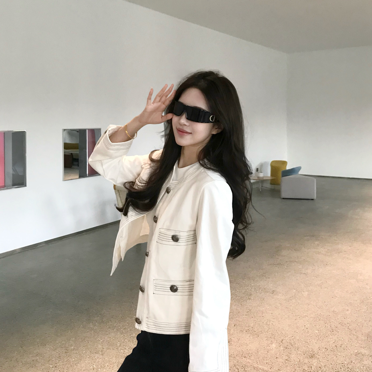 PinkPepper  中古人气王！设计感明线白色小香风撞色牛仔外套  