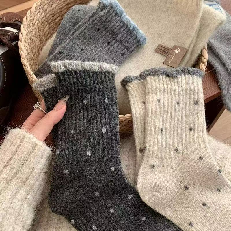 【高品质】【买五双送三双】波点袜子女中筒秋冬季温柔花边百搭长筒